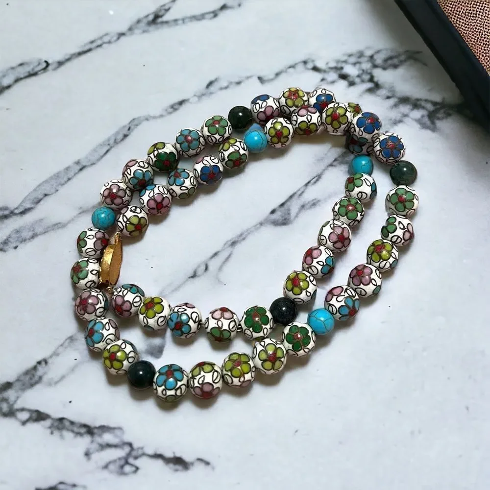 Vintage Cloisonne And Genuine Semi-Precious Stone Necklace Excellent Condition